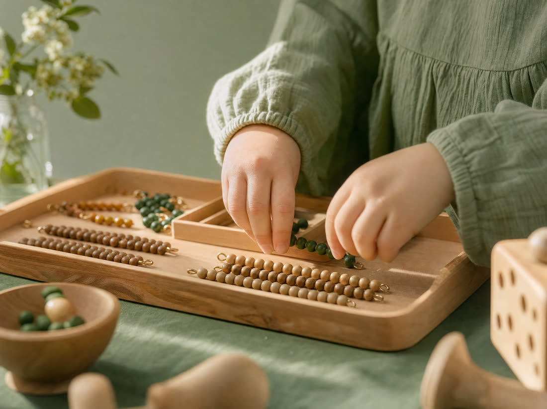 A child's hands arranging wooden beads