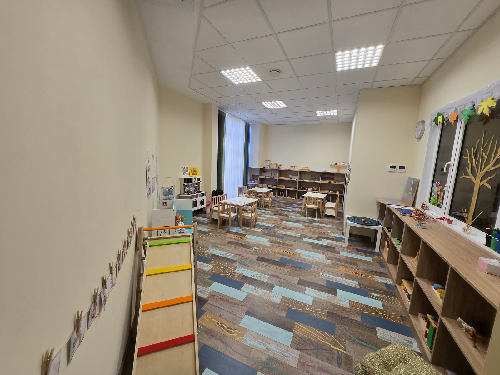 A bright, spacious Montessori classroom at the First Steps centre