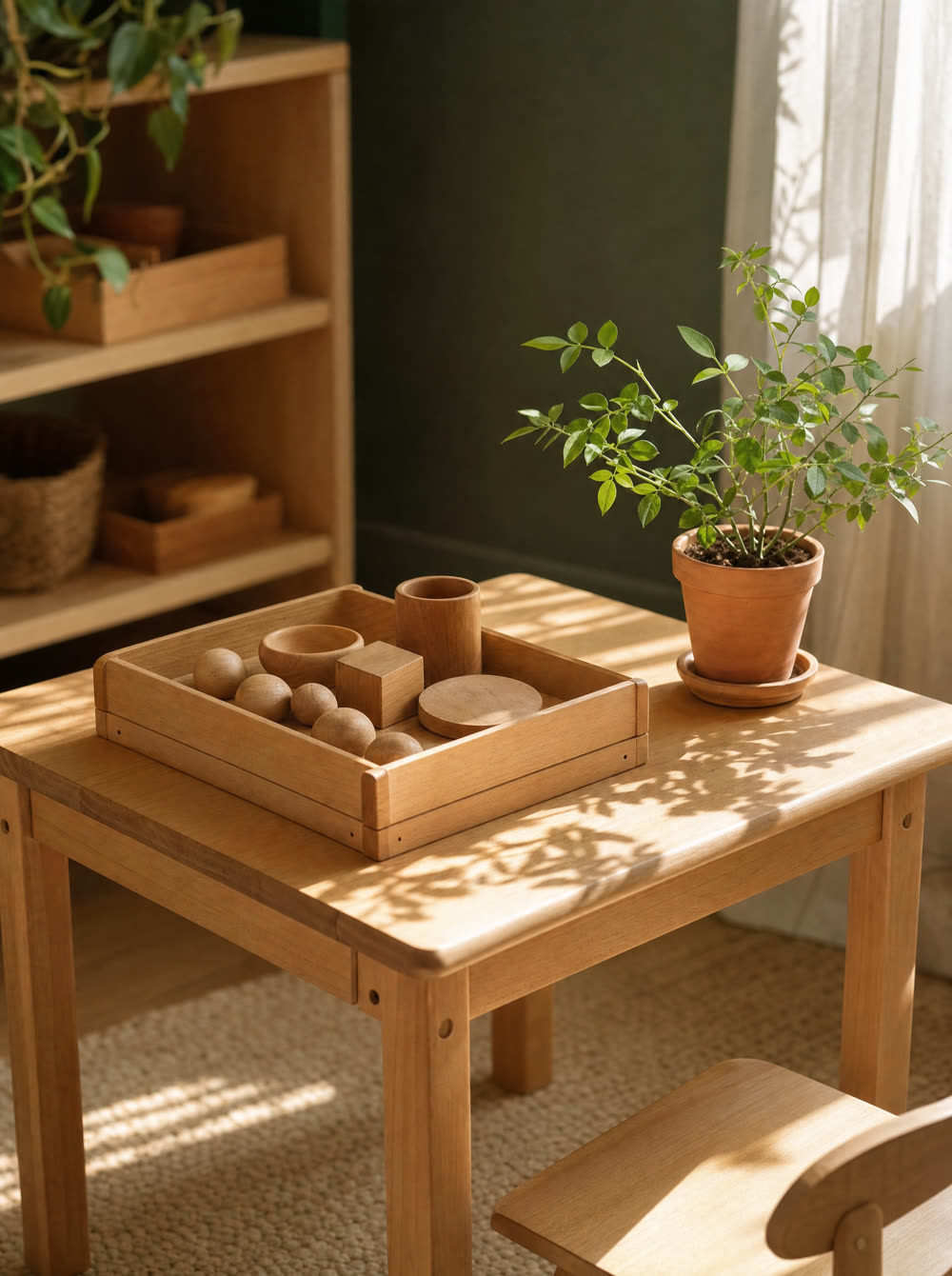 A child-size wooden table with materials and a terracotta plant
