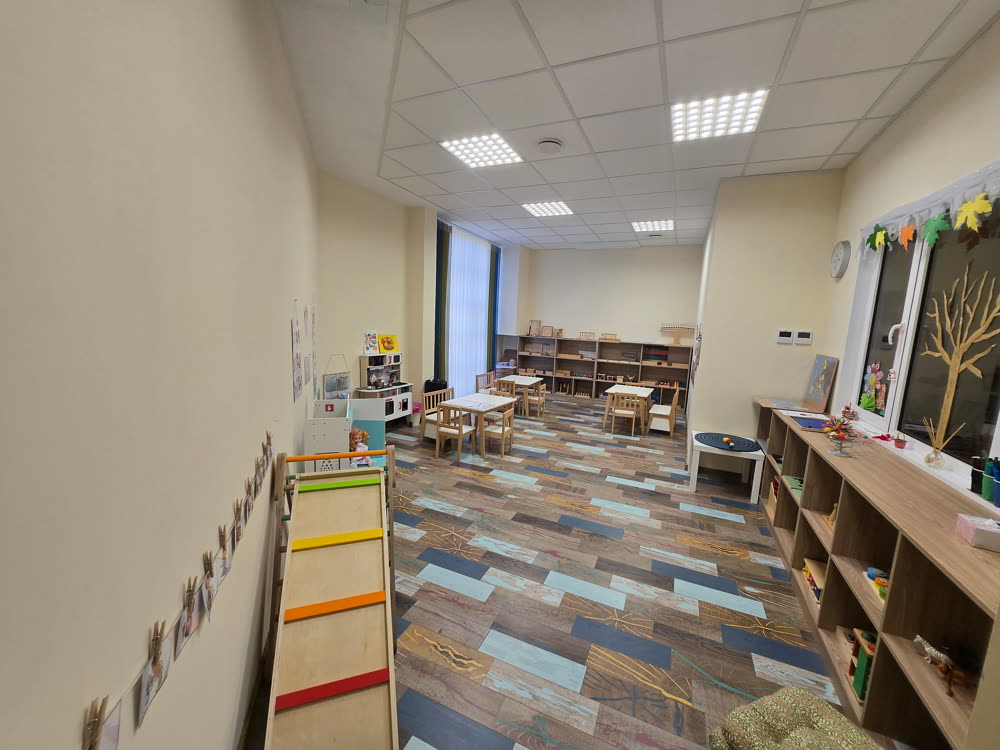 A bright, spacious Montessori classroom at the First Steps centre